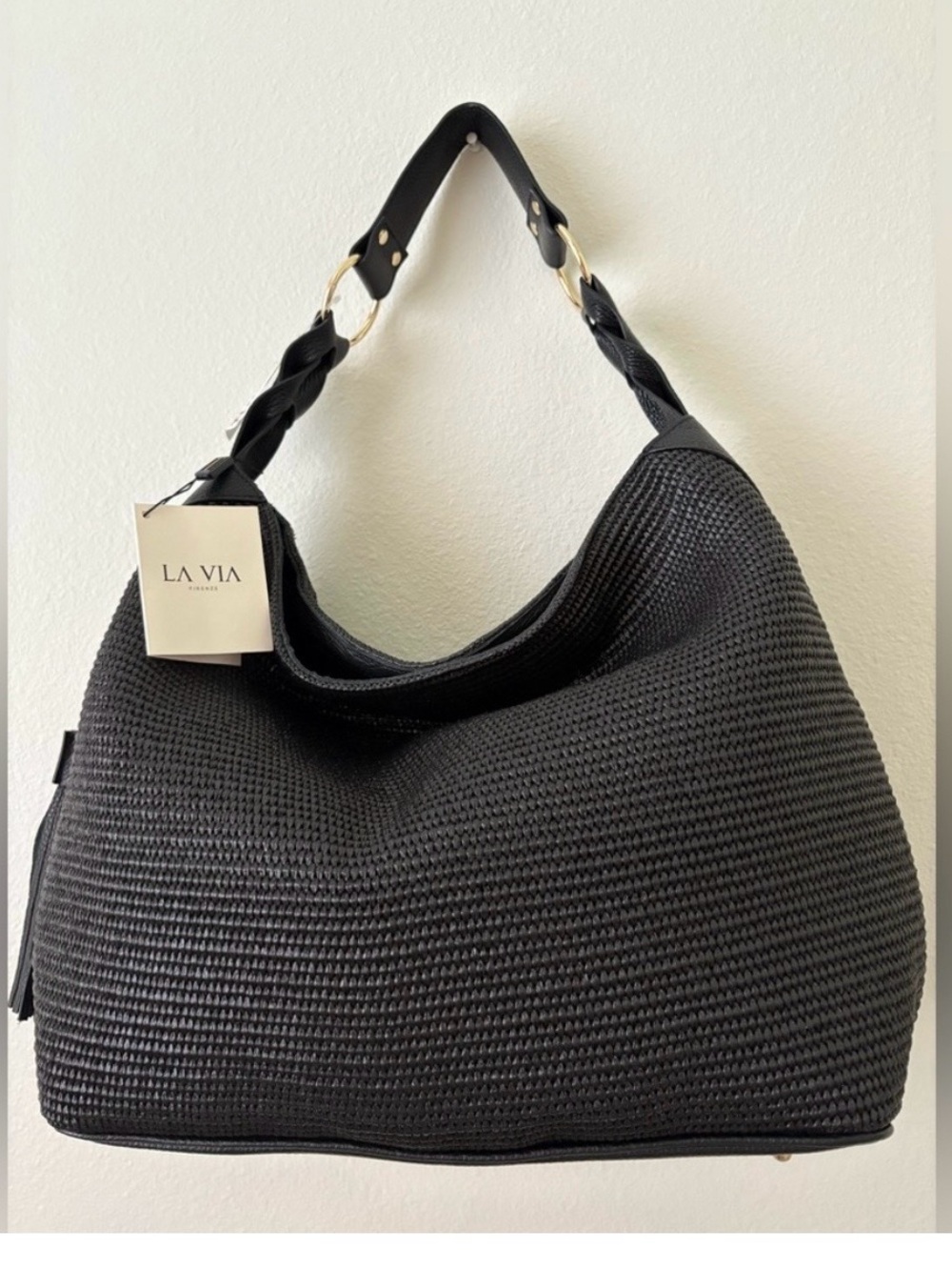 NWT LA VIA FIrenze Sophisticated Black Hobo Bag with Textured Finish